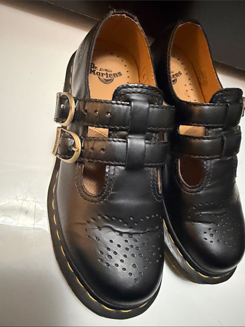Dr. Martens Kids Black Double-Strap Mary Jane with Yellow Welt Stitching size 6